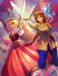 Rule 34 | 2girls, axis powers hetalia, backlighting, bird, blonde hair, blue pants, blue sky, blurry, braid, brown hair, brown jacket, brown tunic, buttons, coat of arms, collar, collar tabs, collared dress, crossed swords, depth of field, double-breasted, dress, eagle, epaulettes, europe, fighting stance, floral print, flower, gold trim, golden hilt, hair flower, hair ornament, head wreath, heraldry, holding, holding sword, holding weapon, jacket, leaf, lithuania, lithuania (hetalia), lithuanian clothes, lithuanian flag, long sleeves, military jacket, mocachan1990, multiple girls, pants, pink flower, poland, poland (hetalia), polish clothes, ponytail, purple sky, red flag, saber (weapon), short hair, single braid, sky, slavic clothes, sleeve cuffs, sword, traditional clothes, vytis, weapon, white collar, white footwear
