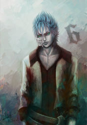 Rule 34 | 1boy, aqua eyes, arrancar, belt, bleach, closed mouth, colored skin, cowboy shot, facial mark, furrowed brow, grimmjow jaegerjaquez, jacket, lips, long sleeves, looking at viewer, male focus, mask, nose, number tattoo, realistic, roksiel, serious, signature, solo, spiked hair, standing, tattoo, traditional media, white jacket, white skin, white theme