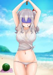 Rule 34 | 1girl, absurdres, arms up, beach, belly, bikini, bikini under clothes, blindfold, blue sky, bra, breasts, cloud, cowboy shot, day, food, fruit, gluteal fold, hair between eyes, hair ornament, highres, holding, kantai collection, kashima (kancolle), large breasts, long hair, navel, no pants, ocean, outdoors, panties, sand, seashell, see-through, shell, shirt, short sleeves, sidelocks, silver hair, skindentation, sky, smile, solo, standing, stomach, suikawari, sunlight, swimsuit, swimsuit under clothes, the only shoe, thighs, tied shirt, tongue, tongue out, twintails, underwear, watermelon, wavy hair, wet, wet clothes, wet shirt, white bikini, white bra, white panties, white shirt, wide hips