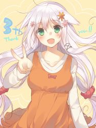 Rule 34 | 1girl, :d, anceril sacred, casual, dress, english text, engrish text, flower, green eyes, hair flower, hair ornament, long hair, low-tied long hair, mishima kurone, open mouth, original, ranguage, scrunchie, smile, solo, white hair
