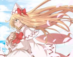 Rule 34 | 1girl, blonde hair, blue sky, bow, bowtie, capelet, closed mouth, cloud, cloudy sky, commentary request, day, dress, fairy, fairy wings, green eyes, hat, hat bow, highres, lily white, long hair, long sleeves, outdoors, petals, pointy hat, red bow, red bowtie, shinmon akika, sky, smile, solo, touhou, upper body, very long hair, white capelet, white dress, white hat, wide sleeves, wings