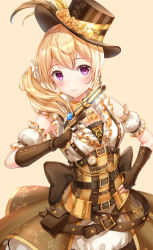 Rule 34 | 1girl, bad id, bad pixiv id, bang dream!, belt, belt buckle, black belt, blonde hair, breasts, brown background, brown gloves, brown hat, brown skirt, buckle, chain, detached sleeves, elbow gloves, fingerless gloves, gloves, gun, hair between eyes, hand up, hat, highres, holding, holding gun, holding weapon, long hair, looking at viewer, lunacle, pleated skirt, puffy short sleeves, puffy sleeves, purple eyes, shirasagi chisato, shirt, short sleeves, simple background, skirt, sleeveless, sleeveless shirt, small breasts, solo, striped clothes, striped headwear, tilted headwear, underbust, vertical-striped clothes, vertical-striped headwear, vertical-stripes, weapon, white shirt, white sleeves