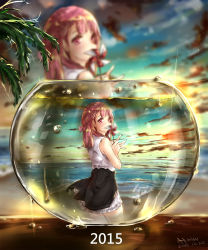 Rule 34 | 1girl, 2015, ahoge, artist name, bare shoulders, beach, blurry, blurry background, bow, cloud, cloudy sky, commentary request, dated, dema hmw, depth of field, dew drop, diffraction spikes, dress, fishbowl, frilled dress, frills, from side, gradient sky, hair bow, highres, holding, light particles, long hair, looking back, ocean, original, outdoors, pinwheel, plant, red bow, red eyes, red hair, reflection, refraction, sky, sleeveless, sleeveless dress, solo, standing, table, thighs, twilight, water, water drop, white dress
