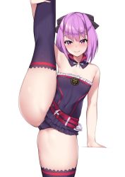 Rule 34 | 1girl, ass, black ribbon, blush, breasts, cameltoe, eyelashes, fate/grand order, fate (series), feet out of frame, groin, hair ribbon, hand on own leg, helena blavatsky (fate), kuavera, leg up, leotard, parted lips, partially visible vulva, pink eyes, purple hair, ribbon, short hair, simple background, small breasts, smile, solo, split, standing, standing on one leg, standing split, thighhighs, thighs, white background