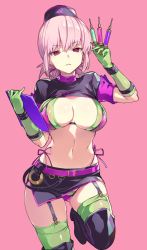 Rule 34 | 1girl, belt, between fingers, bikini, black footwear, black hat, blush, boots, braid, breasts, cleavage, clipboard, collarbone, fate/grand order, fate (series), florence nightingale (fate), florence nightingale (trick or treatment) (fate), garrison cap, gloves, green bikini, green gloves, green thighhighs, hair between eyes, hat, highres, hip focus, holding, large breasts, layered bikini, long hair, looking at viewer, microskirt, navel, nurse, official alternate costume, open mouth, pink background, pink hair, purple belt, purple bikini, red hair, revealing clothes, short sleeves, shrug (clothing), simple background, single braid, skirt, solo, swimsuit, syringe, thigh boots, thighhighs, thighhighs under boots, thighs, vivi (eve no hakoniwa)