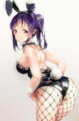 Rule 34 | 1girl, absurdres, animal ears, ass, bare back, bare shoulders, black leotard, blush, breasts, choker, fake animal ears, fishnets, highres, kazuno sarah, lace-trimmed leotard, lace trim, large breasts, leotard, looking at viewer, looking back, love live!, love live! sunshine!!, moshi 0208, pantyhose, parted bangs, playboy bunny, purple hair, rabbit ears, rabbit tail, red eyes, side ponytail, sideboob, simple background, skindentation, smile, solo, tail, thick thighs, thighs, white background, wrist cuffs