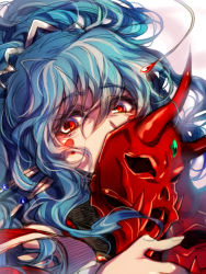 Rule 34 | 1girl, alfimi, artist request, banpresto, blue hair, female focus, long hair, looking at viewer, mask, ponytail, red eyes, solo, super robot wars, very long hair