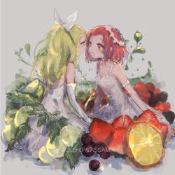 Rule 34 | 2girls, 32 (rt 32 bbk), armlet, assam (girls und panzer), blonde hair, blue eyes, blueberry, blush, breasts, character name, cleavage, closed mouth, dress, elbow gloves, food, formal, fruit, girls und panzer, gloves, grapes, grey background, hair pulled back, hair ribbon, head wreath, highres, ivy, leaf, leaning forward, light blush, light particles, long dress, long hair, looking at another, medium breasts, medium hair, mini person, minigirl, multiple girls, open mouth, orange (fruit), orange slice, ribbon, rosehip (girls und panzer), sitting, sketch, smile, spaghetti strap, strawberry, sundress, white dress, white gloves, white ribbon