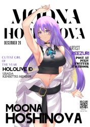 Rule 34 | 1girl, armpits, bad id, bad pixiv id, belt, black belt, black choker, blonde hair, breasts, character name, choker, colored inner hair, copyright name, cover, crop top, fake magazine cover, gradient hair, hand up, highres, hololive, hololive indonesia, jacket, large breasts, magazine cover, midriff, moona hoshinova, multicolored hair, navel, off shoulder, purple eyes, purple hair, qr code, reezuri, sideboob, solo, virtual youtuber, white background, white jacket