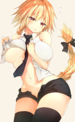 Rule 34 | 1girl, arm between breasts, bare arms, bare shoulders, beige background, between breasts, black bow, black necktie, black shorts, blonde hair, blush, bow, braid, breasts, brown eyes, clothes lift, collared shirt, cowboy shot, curvy, dress shirt, eyebrows, fate/apocrypha, fate/grand order, fate (series), flying sweatdrops, groin, head tilt, jeanne d&#039;arc (fate), jeanne d&#039;arc (girl from orleans) (fate), jeanne d&#039;arc (ruler) (fate), large breasts, lifted by self, long hair, looking at viewer, navel, necktie, no bra, open fly, parted lips, red eyes, ruler (fate/grand order), shirt, shirt lift, short shorts, shorts, simple background, single braid, sleeveless, sleeveless shirt, solo, stomach, sune (mugendai), suneo, thighhighs, tight clothes, tight shirt, underboob, very long hair, white shirt, wide hips, yellow eyes
