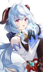 Rule 34 | ahoge, bare shoulders, bell, black gloves, blue hair, blush, bow, bowtie, chinese knot, detached sleeves, flower knot, ganyu (genshin impact), genshin impact, gloves, highres, horns, knee up, long hair, looking at viewer, mumu-crown, neck bell, open mouth, orb, purple eyes, sidelocks, sitting, solo, tassel, vision (genshin impact), white background, white sleeves