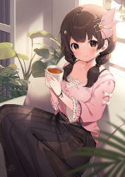 Rule 34 | 1girl, blush, brown eyes, brown skirt, closed mouth, couch, hair ornament, hair ribbon, highres, hololive, indoors, long hair, long skirt, nyasunyadoora, on couch, pink shirt, ribbon, shirt, skirt, smile, solo, star (symbol), star hair ornament, tokino sora, tokino sora (casual), twintails, virtual youtuber