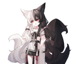 Rule 34 | 1girl, alice mana, animal ears, bare shoulders, black hair, black skirt, collarbone, fang, fox ears, fox girl, fox tail, hair between eyes, highres, holding, holding hair, indie virtual youtuber, kitsune, long hair, multicolored hair, off-shoulder shirt, off shoulder, open mouth, raeee, red eyes, shirt, simple background, skirt, solo, standing, tail, two-tone hair, very long hair, virtual youtuber, white background, white hair, white shirt