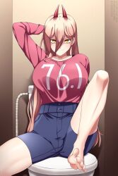 Rule 34 | 1girl, arm up, barefoot, blonde hair, breasts, chainsaw man, highres, horns, large breasts, lindaroze, orange eyes, power (chainsaw man), shirt, shorts, toilet