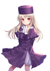 Rule 34 | 1girl, arms behind back, bad id, bad pixiv id, blush, capelet, closed mouth, commentary request, dress, fate/stay night, fate (series), fur hat, hat, highres, illyasviel von einzbern, light brown hair, long hair, papakha, purple capelet, purple dress, purple hat, red eyes, revision, scarf, seungju lee, simple background, smile, solo, white background, white scarf