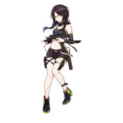 Rule 34 | 1girl, ammunition, ankle boots, arm sheath, bandana, belt pouch, black gloves, black hair, boots, braid, bullet, crop top, elbow gloves, finger gun, finger on trigger, full body, girls&#039; frontline, gloves, green eyes, green trim, gun, hair over one eye, handgun, highleg, highleg panties, knife sheath, knife sheath, long hair, looking at viewer, mac-10/11, mac-10 (girls&#039; frontline), machine pistol, magazine (weapon), official art, panties, parted lips, pistol, pouch, sa (h28085), sheath, short shorts, short twintails, shorts, solo, stitches, submachine gun, thigh strap, transparent background, twin braids, twintails, underwear, weapon