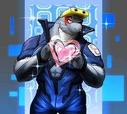 Rule 34 | 1boy, abs, bara, beard, blue bodysuit, bodysuit, boku no hero academia, bulge, chest harness, cleavage cutout, clothing cutout, diving suit, facial hair, feet out of frame, fins, fish boy, furry, furry male, harness, heart, heart hands, kragdrudmon, looking at viewer, male focus, mature male, muscular, muscular male, pectoral cleavage, pectorals, selkie (boku no hero academia), smile, solo, wetsuit, whiskers