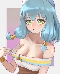 Rule 34 | 1girl, bare shoulders, blue hair, blush, bracelet, breasts, cleavage, cleavage reach, downblouse, endro!, gomashiwo o, green eyes, hat, jewelry, looking at viewer, low twintails, medium breasts, medium hair, meiza endust, no bra, parted lips, solo, sweat, twintails, upper body