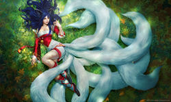 Rule 34 | 1girl, ahri (league of legends), alex negrea, animal ears, bare shoulders, black hair, breasts, cleavage, collarbone, detached sleeves, facial mark, fox ears, fox tail, from above, full body, grass, highres, korean clothes, large breasts, league of legends, lips, looking at viewer, lying, multiple tails, nose, on ground, outdoors, realistic, solo, tail, watermark, web address, whisker markings, yellow eyes