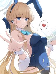 Rule 34 | 1girl, animal ears, aqua bow, aqua bowtie, blonde hair, blue archive, blue bow, blue eyes, blue hair, blue leotard, bow, bowtie, breasts, commentary, covered navel, cup, detached collar, drinking glass, earpiece, earrings, fake animal ears, fake tail, hair bow, halo, heart, highres, holding, holding tray, jewelry, leotard, light blush, long hair, looking at viewer, medium breasts, multicolored hair, official alternate costume, parted lips, playboy bunny, rabbit ears, rabbit tail, shijima (shijima tc), simple background, single earring, solo, spoken heart, strapless, strapless leotard, streaked hair, tail, toki (blue archive), toki (bunny) (blue archive), tray, very long hair, w, white background, white wrist cuffs, wrist cuffs