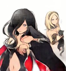 Rule 34 | 2girls, animal, animal on arm, arm at side, bare shoulders, bird, bird on arm, black hair, blonde hair, blue eyes, breasts, cat, cleavage, crow, crow (gravity daze), dusty (gravity daze), gravity daze, gravity daze 2, kitten (gravity daze), long hair, multicolored hair, multiple girls, navel, red eyes, red hair, scarf, two-tone hair, xii (gravity daze)