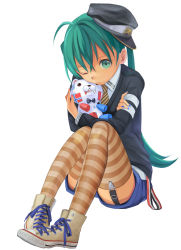 Rule 34 | 1girl, blue nails, earrings, full body, garter straps, green eyes, green hair, hat, hatsune miku, highres, jewelry, kari kenji, long hair, matching hair/eyes, nail polish, necktie, one eye closed, peaked cap, shoes, shorts, sitting, solo, striped clothes, striped thighhighs, stuffed animal, stuffed toy, thighhighs, vocaloid, white background, wink