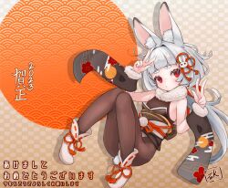 Rule 34 | 1girl, animal ear fluff, animal ears, arm up, bare shoulders, black sleeves, bodysuit, breasts, brown bodysuit, checkered background, chinese zodiac, closed mouth, commentary request, detached sleeves, double v, egasumi, floral print, fur-trimmed sleeves, fur trim, grey hair, hair ornament, hand up, highres, ishimizu08, long hair, long sleeves, looking at viewer, obi, original, print sleeves, rabbit ears, rabbit hair ornament, red eyes, sash, shoes, short eyebrows, small breasts, solo, thick eyebrows, translation request, v, very long hair, white footwear, year of the rabbit