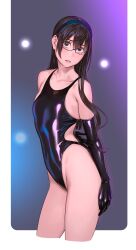 Rule 34 | 1girl, arm behind back, bare legs, black-framed eyewear, black gloves, black hair, black one-piece swimsuit, blue hairband, collarbone, competition swimsuit, cropped legs, elbow gloves, glasses, gloves, green eyes, hair between eyes, hairband, highres, kantai collection, latex, latex gloves, lips, long hair, looking at viewer, one-piece swimsuit, ooyodo (kancolle), open mouth, outside border, semi-rimless eyewear, shiny clothes, solo, swimsuit, yuuji (and)