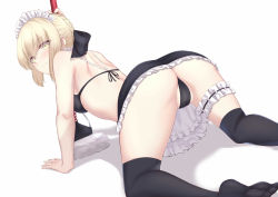 Rule 34 | 1girl, absurdres, all fours, artoria pendragon (all), artoria pendragon (alter swimsuit rider) (fate), artoria pendragon (alter swimsuit rider) (second ascension) (fate), artoria pendragon (fate), ass, bikini, black bikini, black thighhighs, blonde hair, blush, braid, breasts, bridal garter, closed mouth, dutch angle, expressionless, fate/grand order, fate (series), foot out of frame, french braid, frills, highres, looking at viewer, looking back, maid headdress, medium breasts, okuma707, petticoat, saber alter, short hair, simple background, solo, swimsuit, thighhighs, upskirt, white background, white headwear
