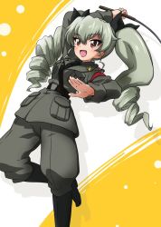 Rule 34 | 10s, 1girl, :d, anchovy (girls und panzer), anzio military uniform, arm up, bad id, bad twitter id, belt, black belt, black footwear, black necktie, black ribbon, black shirt, blouse, boots, commentary, dress shirt, drill hair, dutch angle, girls und panzer, green hair, grey jacket, grey pants, hair ribbon, holding, jacket, jodhpurs, kanau, knee boots, leg up, long hair, long sleeves, military, military uniform, necktie, open mouth, pants, pants tucked in, red eyes, ribbon, riding crop, sam browne belt, shadow, shirt, smile, solo, standing, standing on one leg, twin drills, twintails, uniform