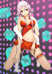 Rule 34 | 10s, 1girl, absurdres, bare shoulders, breasts, cleavage, feather boa, garter straps, groin, guilty crown, highres, kneeling, kotsuki (hzqape), navel, open mouth, pink hair, polka dot, polka dot background, red eyes, short hair, solo, teeth, yuzuriha inori