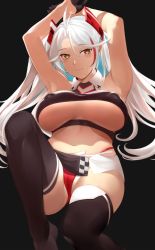 Rule 34 | 1girl, armpits, arms up, azur lane, black background, black gloves, blush, breasts, brown eyes, covered erect nipples, gloves, half gloves, highres, kameponde, large breasts, long hair, multicolored hair, navel, panties, prinz eugen (azur lane), prinz eugen (final lap) (azur lane), red panties, simple background, smile, solo, streaked hair, thighhighs, twintails, underboob, underwear, very long hair, white hair