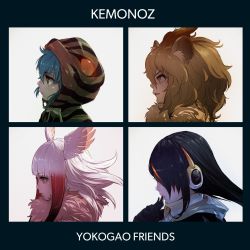 Rule 34 | 10s, 4girls, album cover, album cover redraw, animal ears, aqua hair, backlighting, black hair, blonde hair, brown eyes, brown hair, commentary request, cover, derivative work, emperor penguin (kemono friends), expressionless, finger to mouth, fur collar, gorillaz, hair over face, hair over one eye, head wings, headphones, highres, hood, hood down, hoodie, japanese crested ibis (kemono friends), kemono friends, lion (kemono friends), lion ears, looking afar, medium hair, messy hair, multicolored hair, multiple girls, orange hair, parody, parted lips, pink lips, profile, red hair, serious, shiny clothes, short hair, straight hair, streaked hair, striped clothes, striped hoodie, takami masahiro, title parody, tsuchinoko (kemono friends), white background, white hair, wings, yellow eyes
