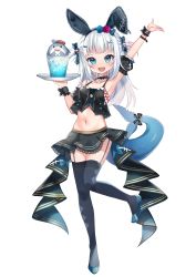 Rule 34 | 1girl, :d, absurdres, alternate costume, animal ears, armpits, black bow, black skirt, black thighhighs, bloop (gawr gura), blue eyes, blue footwear, blue hair, blue ribbon, blush, bow, breasts, collarbone, crop top, cup, detached sleeves, fake animal ears, fins, fish hair ornament, fish tail, flower, full body, garter straps, gawr gura, grey hair, hair bow, hair flower, hair ornament, highres, hololive, hololive english, lace, lace-trimmed bow, lace-trimmed skirt, lace trim, long hair, looking at viewer, midriff, multicolored hair, navel, open mouth, rabbit ears, red flower, red rose, ribbon, rinringyo, rose, shark girl, shark hair ornament, shark tail, sharp teeth, skirt, sleeveless, small breasts, smile, streaked hair, striped, striped bow, sweat, tail, tail bow, tail ornament, teeth, thighhighs, tray, two side up, virtual youtuber, wrist cuffs, x hair ornament
