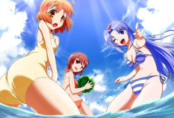 Rule 34 | 10s, 3girls, :o, ;d, ahoge, ass, back, ball, beach, beachball, bikini, blue eyes, blue hair, blush, body blush, breasts, brown hair, cameltoe, casual one-piece swimsuit, cleavage, cloud, cowboy shot, day, embarrassed, fisheye, food, foreshortening, front-tie top, fruit, glasses, groin, hairband, head tilt, hetare (hetare013), holding, kotoura-san, kotoura haruka, light rays, long hair, looking at viewer, looking back, lying, mifune yuriko, moritani hiyori, multiple girls, navel, ocean, one-piece swimsuit, one eye closed, open mouth, orange eyes, orange hair, outdoors, outstretched arm, parted bangs, pointing, red eyes, red hair, short hair, side-tie bikini bottom, sky, small breasts, smile, spread legs, standing, striped bikini, striped clothes, sunbeam, sunlight, surprised, swimsuit, v arms, very long hair, wading, water, watermelon, wide hips, wink