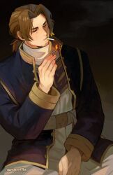Rule 34 | 1boy, beard, belt, brown hair, cigarette, closed eyes, facial hair, fire, highres, holding, jacket, lighter, long sleeves, male focus, pants, parted bangs, ponytail, sein (sousou no frieren), shirt, sitting, smoke, smoking, solo, sousou no frieren, stubble, sui (suizilla), twitter, twitter username, white shirt
