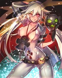 Rule 34 | 1girl, :q, ankh, arm up, belt, blonde hair, breasts, covered erect nipples, gloves, guilty gear, guilty gear xrd, jack-o&#039;-lantern, jack-o&#039; valentine, jewelry, large breasts, long hair, looking at viewer, mask, multicolored hair, necklace, oro (sumakaita), pink eyes, red hair, solo, thighs, tongue, tongue out