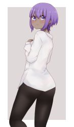 Rule 34 | 1girl, black pants, blush, closed mouth, collared shirt, dark-skinned female, dark skin, fate/prototype, fate/prototype: fragments of blue and silver, fate (series), grey background, hair between eyes, hand up, hassan of serenity (fate), highres, i.u.y, long sleeves, looking at viewer, looking to the side, pants, purple eyes, purple hair, shirt, sidelocks, solo, two-tone background, white background, white shirt