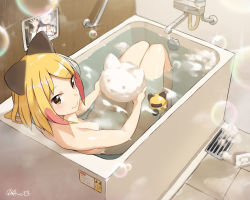 Rule 34 | 1girl, afloat, animal ears, bath, bathroom, bathtub, blonde hair, blue hair, blush, breasts, bubble, cloba, closed mouth, collarbone, commentary request, convenient censoring, drain (object), dutch angle, faucet, indoors, looking at viewer, looking back, multicolored hair, nipples, nude, original, partially submerged, red eyes, red hair, screen, signature, sitting, small breasts, smile, soap, soap bubbles, solo, steam, steam censor, tile floor, tiles, two-tone hair, water, water drop, wet, wet hair, yellow eyes