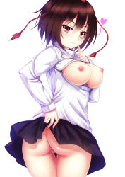 Rule 34 | 1girl, ass, bad anatomy, blush, breasts, brown hair, cleavage, cleft of venus, clothes lift, ebi 193, framed breasts, hair ribbon, hat, heart, large breasts, looking at viewer, meme attire, nipples, no bra, no panties, open-chest sweater, pussy, red eyes, ribbon, shameimaru aya, short hair, simple background, skirt, skirt lift, smile, solo, sweater, touhou, twisted torso, uncensored, white background