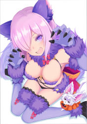 Rule 34 | 1girl, animal, animal ears, blush, breasts, claws, elbow gloves, fang, fate/grand order, fate (series), fox, from above, fur-trimmed gloves, fur-trimmed legwear, fur trim, gloves, hair over one eye, halloween costume, highres, lace, lace-trimmed legwear, lace trim, large breasts, looking at viewer, mash kyrielight, mash kyrielight (dangerous beast), o-ring, o-ring top, official alternate costume, open mouth, purple eyes, purple hair, red ribbon, revealing clothes, ribbon, short hair, simple background, sitting, solo, tail, tazaki hayato, thighhighs, wariza, white background, wolf ears, wolf tail