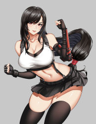 Rule 34 | 1girl, absurdres, bare shoulders, breasts, brown hair, final fantasy, final fantasy vii, final fantasy vii remake, gloves, highres, large breasts, midriff, navel, open mouth, pleated skirt, red eyes, skirt, smile, solo, suspender skirt, suspenders, tank top, thighhighs, tifa lockhart, xiao gen