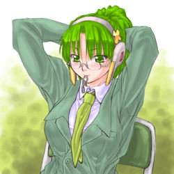 Rule 34 | dd (ijigendd), formal, glasses, green eyes, green hair, homeko, lowres, mouth hold, os-tan, ponytail, solo, suit, xp home-tan, xphome