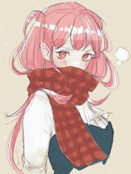Rule 34 | 1girl, blush, commentary request, female focus, fire emblem, fire emblem: three houses, grey background, highres, hilda valentine goneril, hk 539099410, long hair, looking at viewer, matching hair/eyes, nintendo, pink eyes, pink hair, red scarf, scarf, shirt, simple background, solo, upper body, very long hair, white shirt