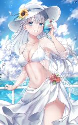 Rule 34 | 1girl, bikini, blue eyes, blue hair, blue sky, blush, cloud, cloudy sky, cowboy shot, cup, day, flower, food, gate, hat, highres, holding, holding cup, ice cream, ice cream float, light blue hair, long hair, looking at viewer, navel, ocean, open mouth, original, red flower, sky, smile, solo, standing, sun hat, sunflower, swimsuit, tsumugi 8345, white bikini