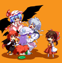 Rule 34 | &gt; &lt;, 6+girls, :d, = =, > <, ascot, bat wings, blonde hair, blood, blue hair, blush, book, bow, braid, brown hair, chibi, china dress, chinese clothes, closed eyes, demon girl, detached sleeves, dress, embodiment of scarlet devil, excessive nosebleed, fallen down, fang, female focus, flandre scarlet, gin (shioyude), hair bow, hakurei reimu, hat, unworn hat, head wings, unworn headwear, hong meiling, izayoi sakuya, japanese clothes, jitome, koakuma, long hair, maid, maid headdress, miko, multiple girls, no mouth, nosebleed, open mouth, patchouli knowledge, ponytail, purple hair, red eyes, red hair, remilia scarlet, short hair, side ponytail, silver hair, simple background, slippers, smile, touhou, twin braids, vampire, wings, xd