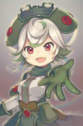 Rule 34 | 1girl, absurdres, breasts, child, fang, gloves, green gloves, green hair, green hat, hat, highres, looking at viewer, made in abyss, medium breasts, multicolored hair, nyasunyadoora, open mouth, prushka, rainbow, red eyes, short hair, skin fang, smile, solo, two-tone hair, white hair