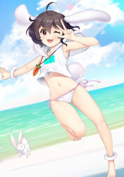Rule 34 | 1girl, :3, ahoge, alternate costume, animal ears, anklet, barefoot, beach, bikini, bikini bottom only, black hair, blue sky, blush, bracelet, breasts, carrot necklace, cloud, commentary request, cropped hoodie, day, dutch angle, floppy ears, full body, hair between eyes, hataraki kuma, heart, hood, hood down, hoodie, horizon, inaba tewi, jewelry, looking at viewer, medium bangs, navel, necklace, ocean, one eye closed, open mouth, outdoors, rabbit, rabbit ears, rabbit girl, rabbit tail, red eyes, short hair, side-tie bikini bottom, sky, sleeveless, sleeveless hoodie, small breasts, smile, solo, swimsuit, tail, touhou, w, w over eye, white bikini, white hoodie