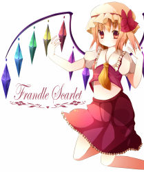 Rule 34 | 1girl, ascot, bad id, bad pixiv id, blonde hair, character name, dress, female focus, flandre scarlet, hat, jumping, midriff, rairateru, red dress, red eyes, red skirt, skirt, solo, embodiment of scarlet devil, touhou, vampire, wings