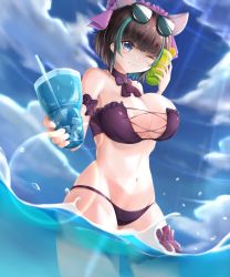 Rule 34 | 1girl, :3, animal ears, aqua hair, azur lane, bare shoulders, blue eyes, blurry, bokeh, breasts, brown hair, cat ears, cheshire (azur lane), cheshire (summery date!) (azur lane), choker, cleavage, cloud, commentary request, cowboy shot, cross-laced clothes, depth of field, extra ears, eyewear on head, fang, frilled straps, hair ornament, hand up, headdress, highres, holding, ice, ice cube, large breasts, looking at viewer, mctom, midriff, multicolored hair, navel, ocean, official alternate costume, one eye closed, outdoors, short hair, skin fang, sky, solo, streaked hair, sunglasses, swimsuit, thigh strap, thighs, two-tone hair, wading, water, wavy hair